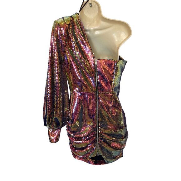 ALEX PERRY Jackson One-sleeve Sequined Satin Mini Dress In Pink NWOT - Size 6 US - Picture 4 of 11